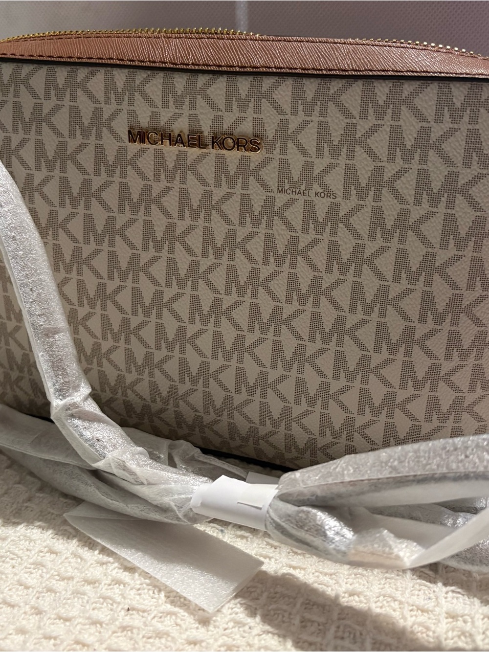 Michael Kors Beige Monogram Crossbody with Rose Gold Trim